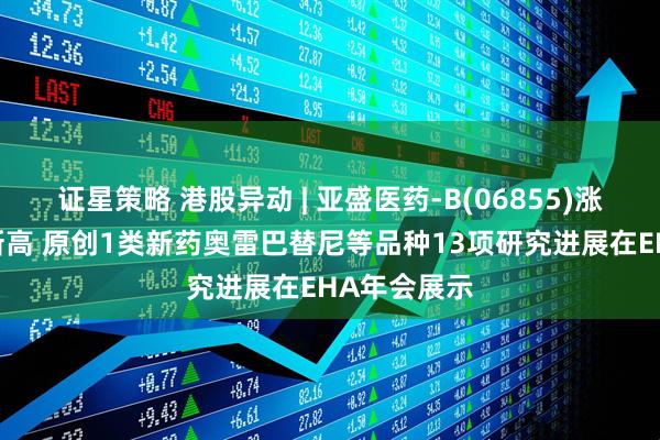 证星策略 港股异动 | 亚盛医药-B(06855)涨超4%再创新高 原创1类新药奥雷巴替尼等品种13项研究进展在EHA年会展示